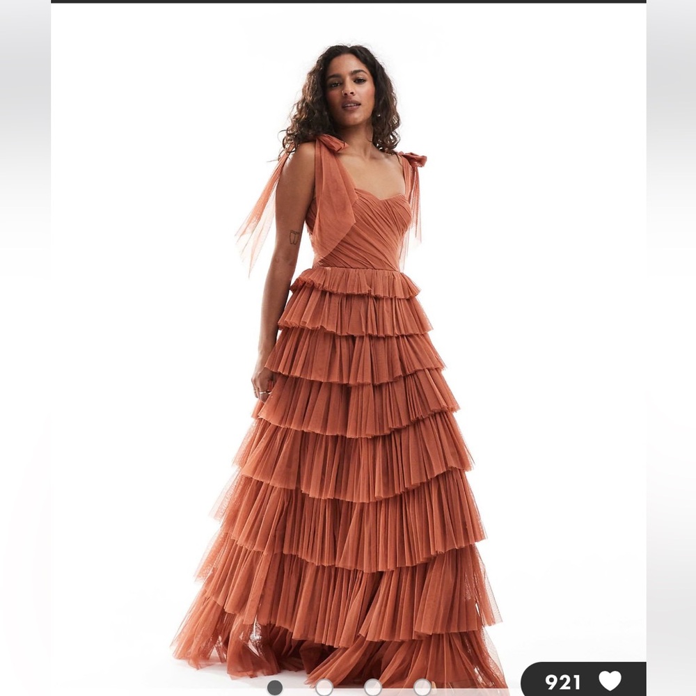 Lace & Beads Petite bow shoulder maxi dress in terracotta brown sz 6